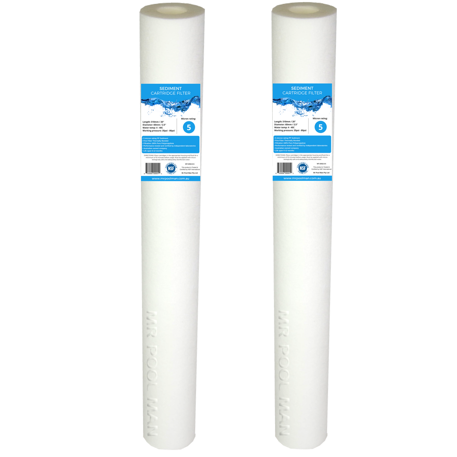 Sediment Water Filter Cartridge 20 x 2.5 2 Pack - 5 Micron Undersink Poly Spun 5uM