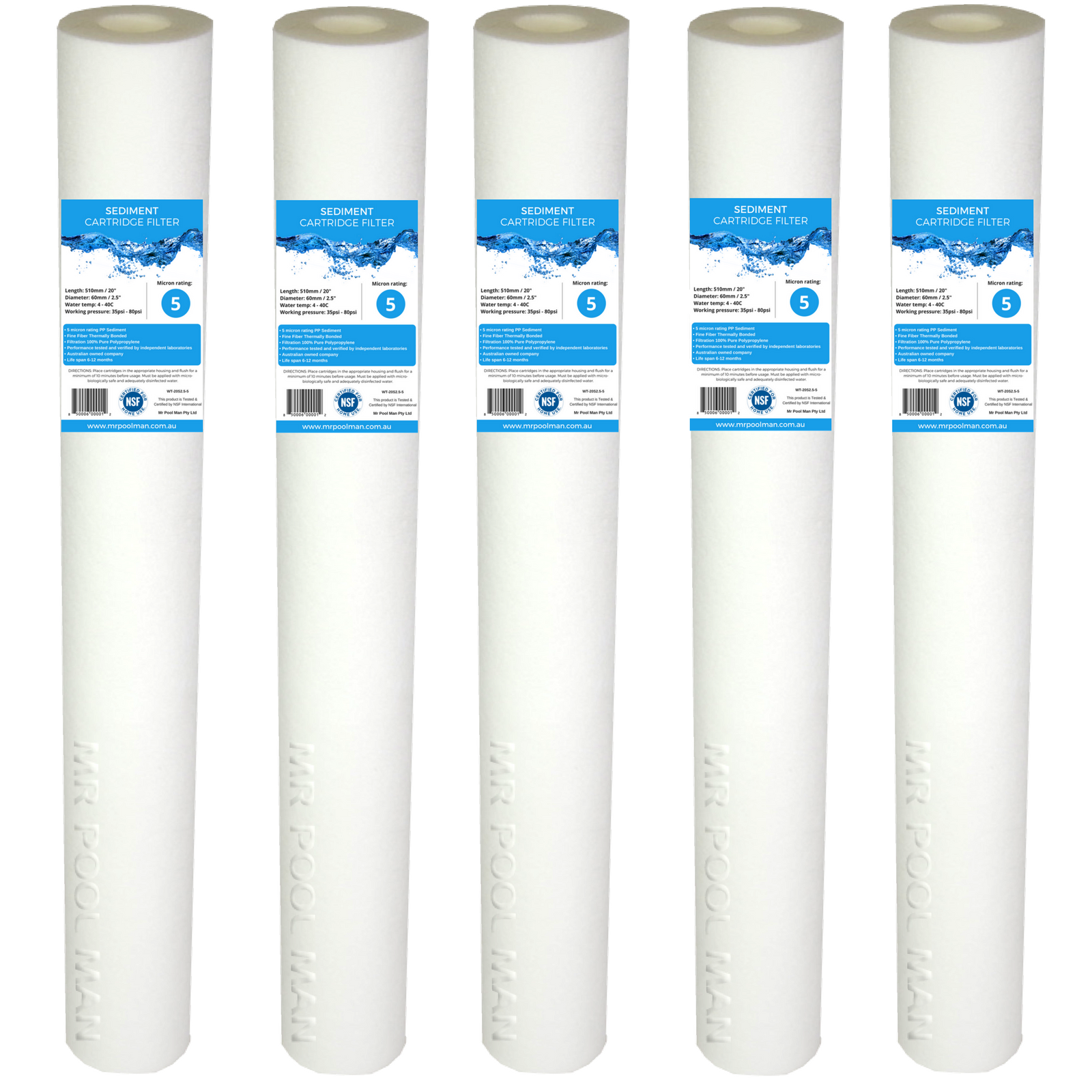 Sediment Water Filter Cartridge 20 x 2.5 5 Pack - 5 Micron Undersink Poly Spun 5uM