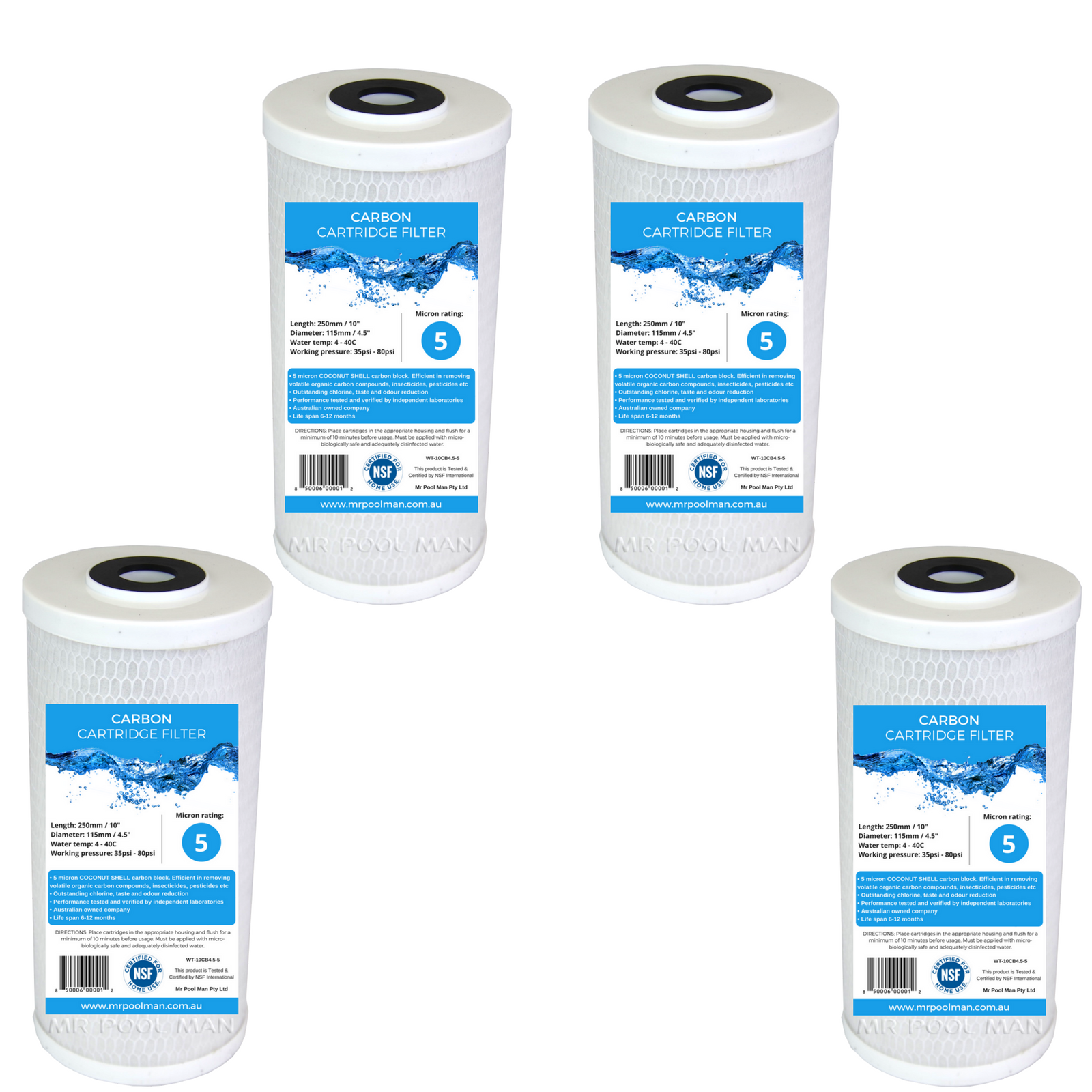 Carbon Water Filter Cartridge 4 Pack 10 x 4.5 - 5 Micron 100% COCONUT