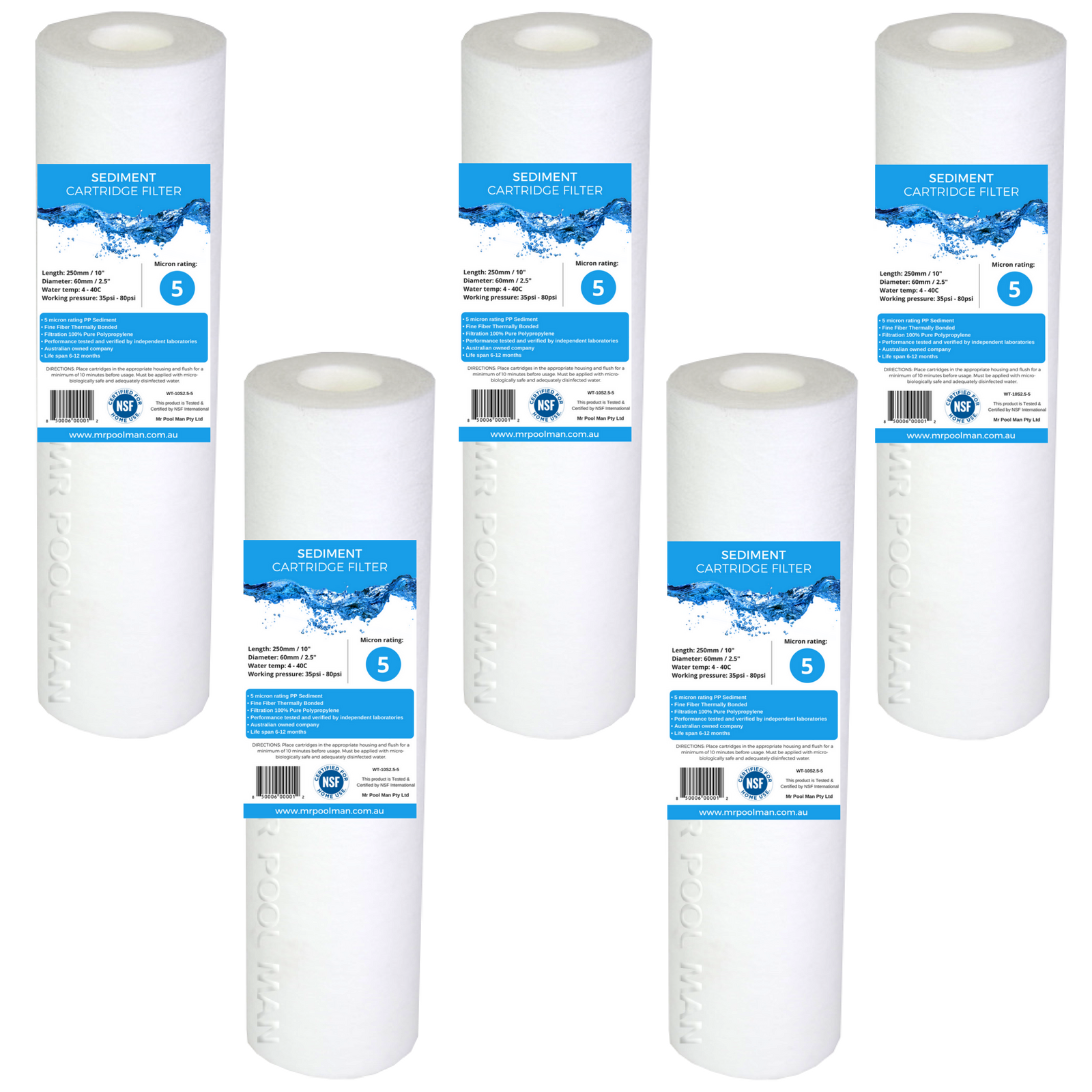 Sediment Water Filter Cartridge 10 x 2.5 5 Pack - 5 Micron Undersink Poly Spun 5uM