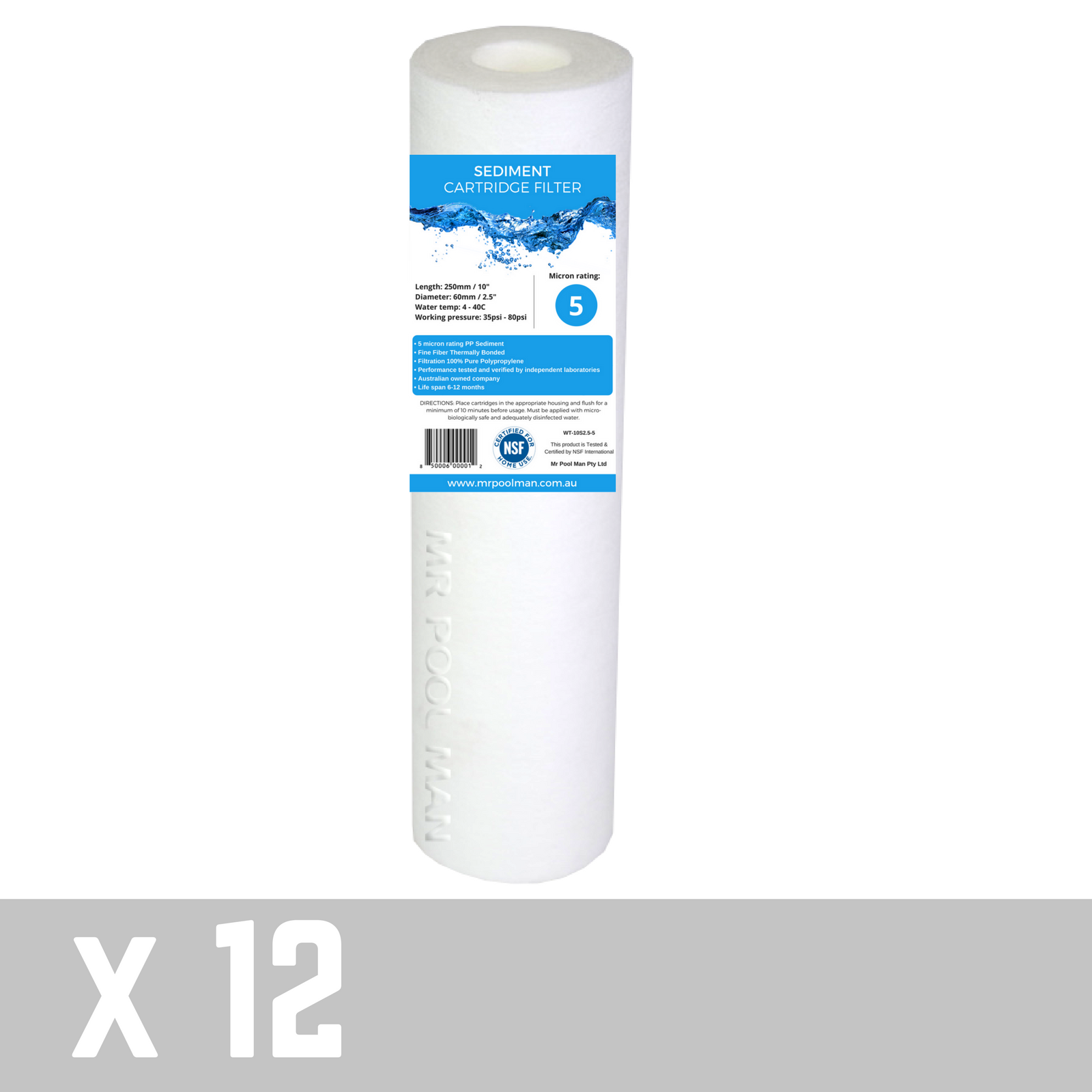 Sediment Water Filter Cartridge 10 x 2.5 12 Pack - 5 Micron Undersink Poly Spun 5uM