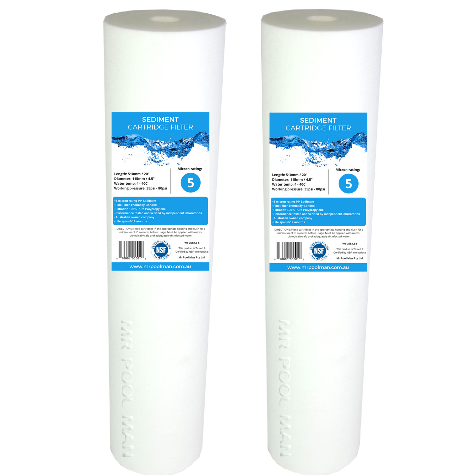 Sediment Water Filter Cartridge 20 x 4.5 2 Pack - 5 Micron Undersink Poly Spun 5uM