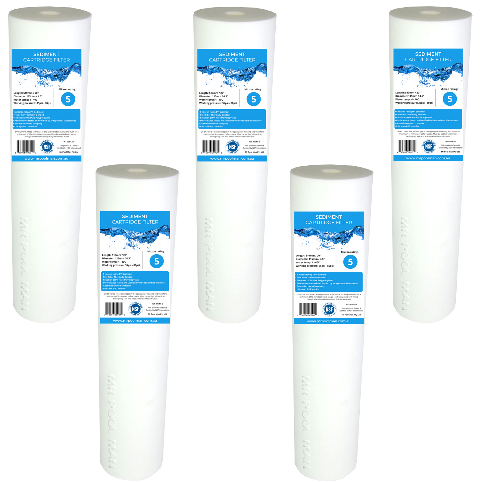 Sediment Water Filter Cartridge 20 x 4.5 5 Pack - 5 Micron Undersink Poly Spun 5uM