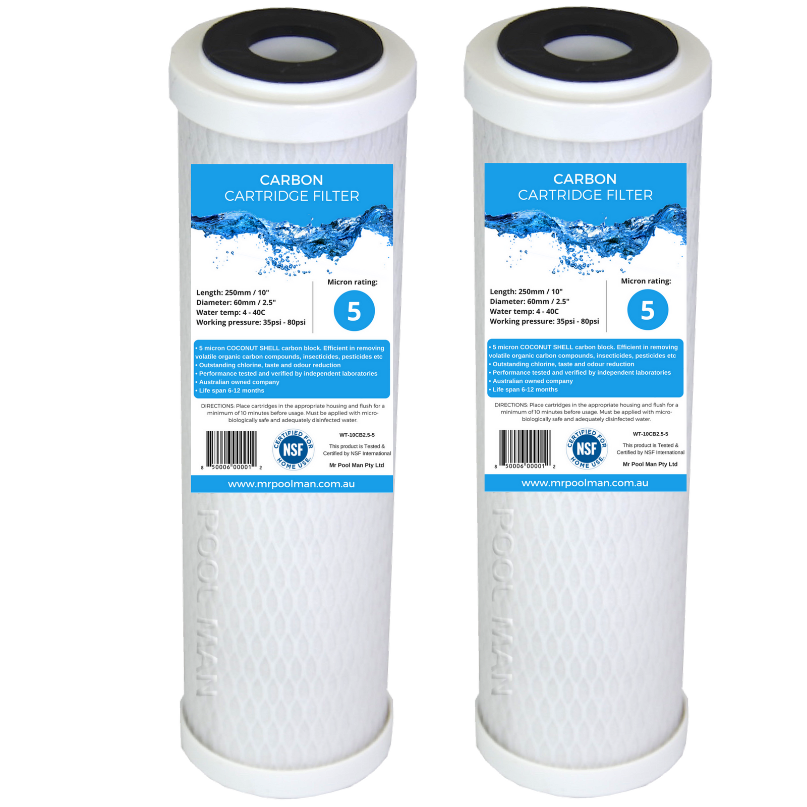 Carbon Water Filter Cartridge 10 x 2.5 2 Pack - 5 Micron 100% COCONUT