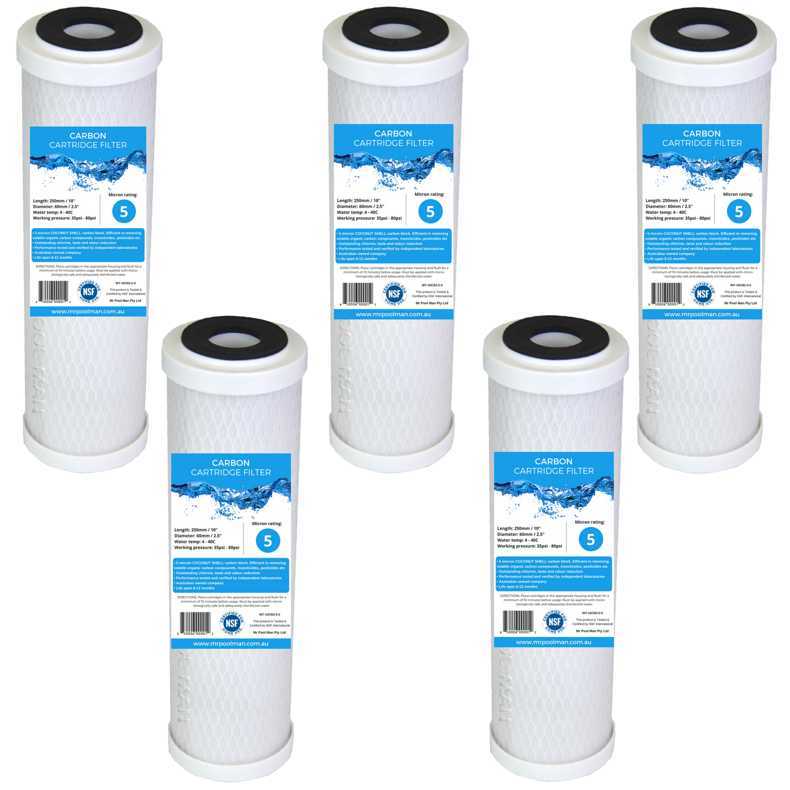 Carbon Water Filter Cartridge 5 Pack 10 x 2.5 - 5 Micron 100% COCONUT