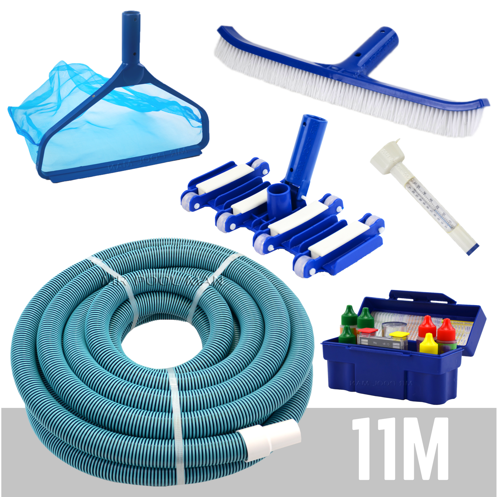 Pool Handover Kit - 11m Hose Vacuum Head Brush Leaf Rake Test Kit Thermo