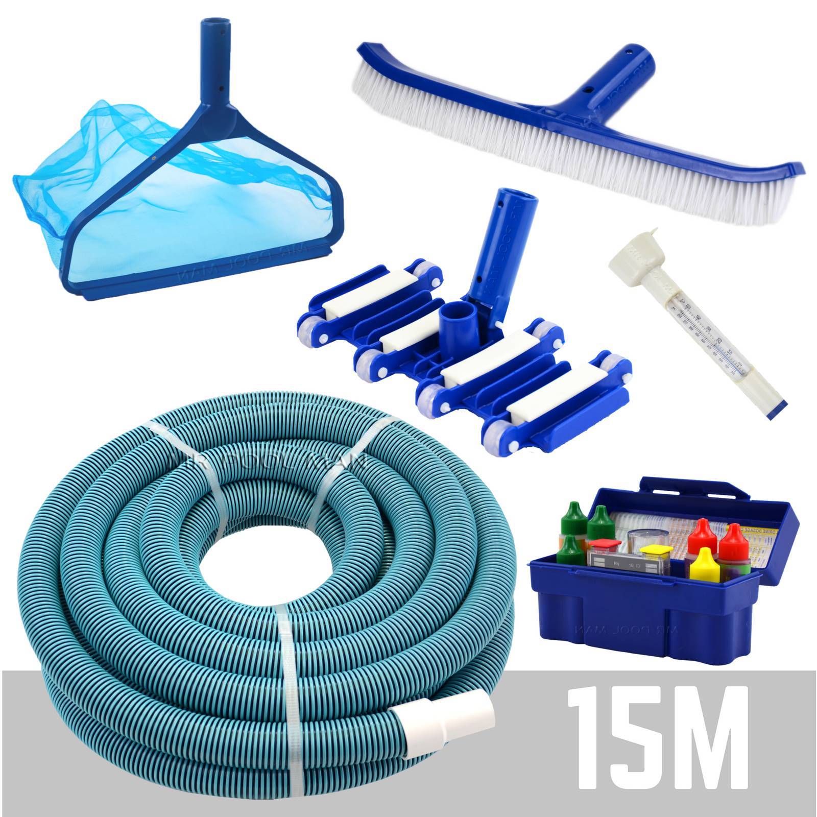 Pool Handover Kit - 15m Hose Vacuum Head Brush Leaf Rake Test Kit Thermo