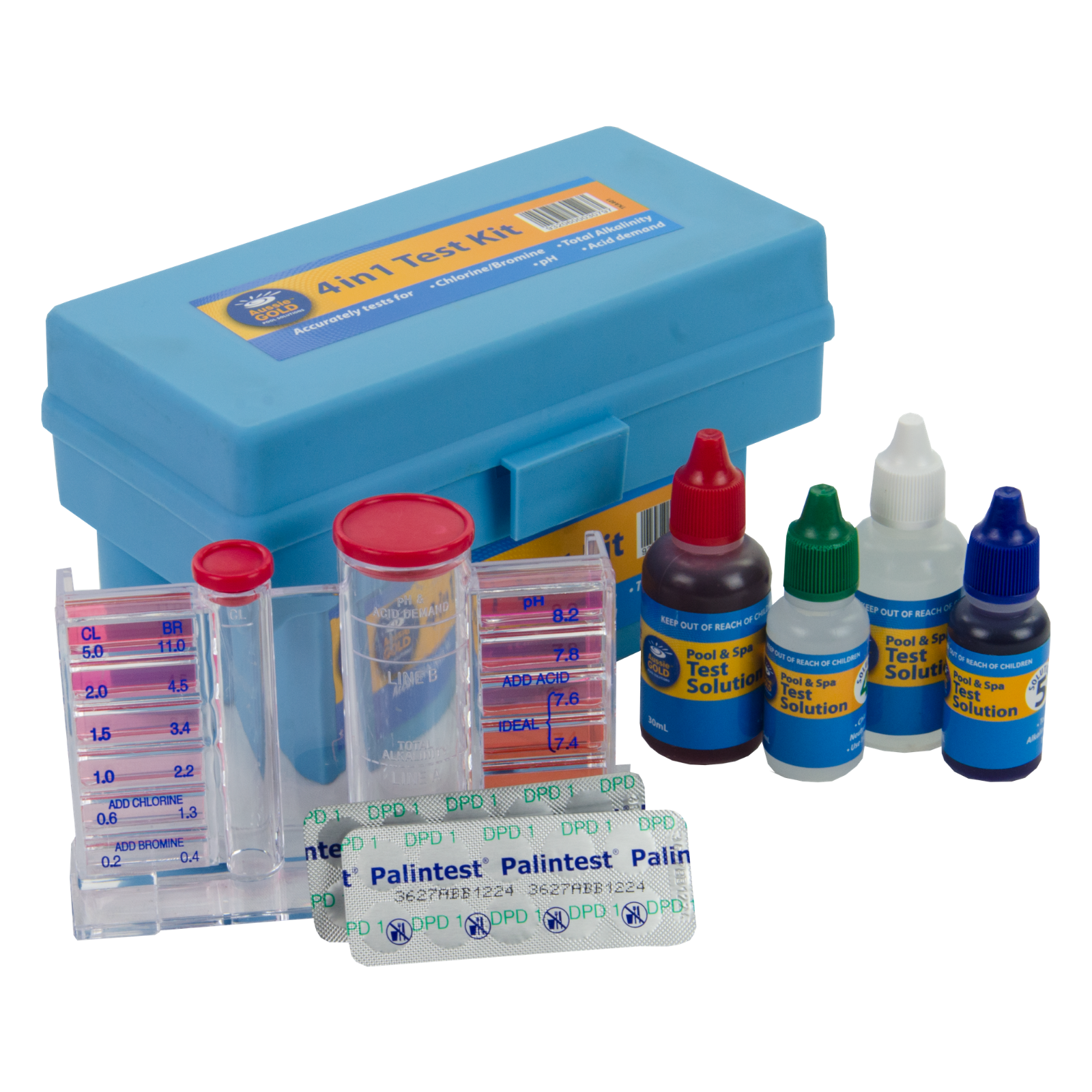 Aussie Gold 4 in 1 Test Kit - CHLORINE ALK PH Pool Spa Professional Heavy Duty