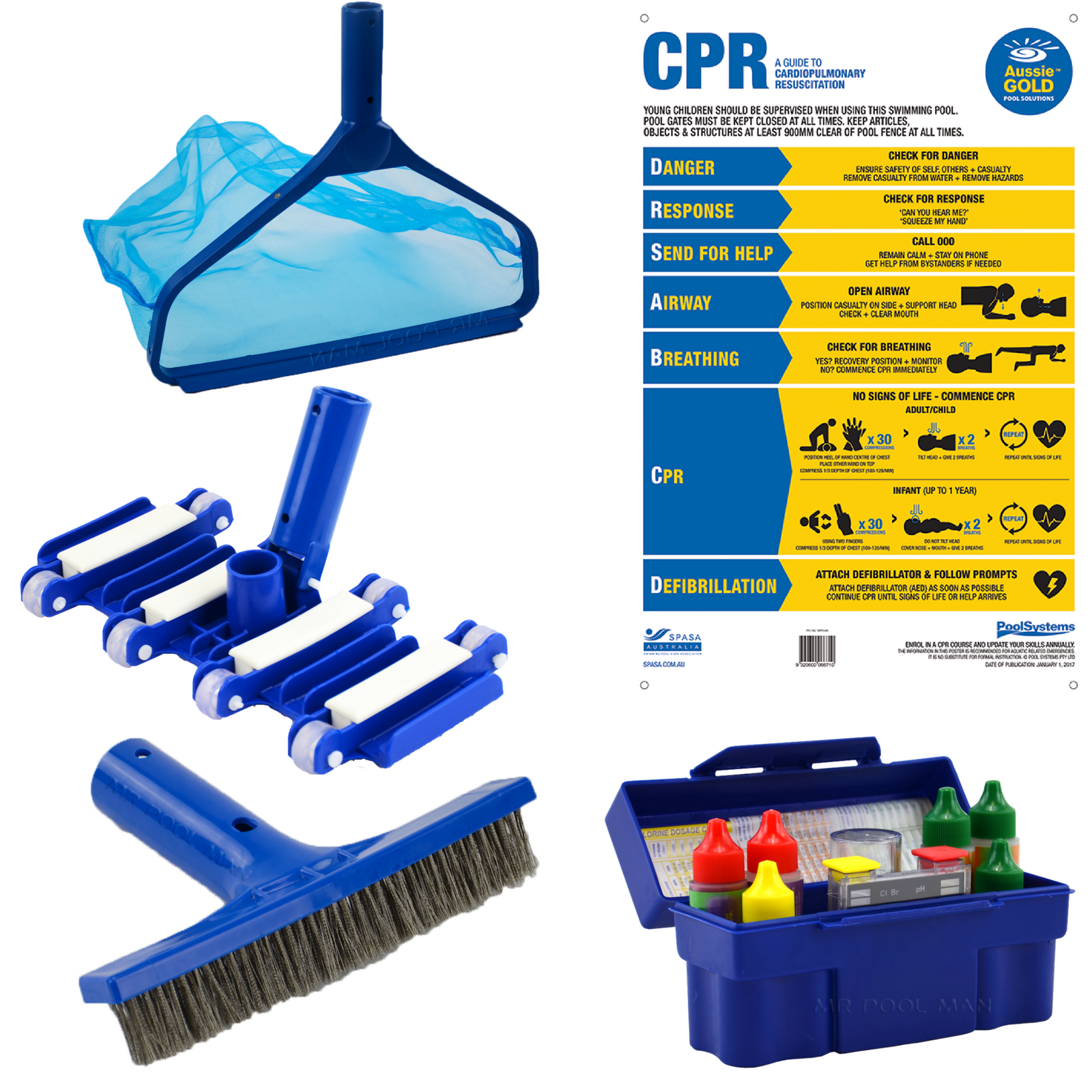 Pool Basics Pack - CPR Vacuum Head Leaf Rake Brush Test Kit Generic