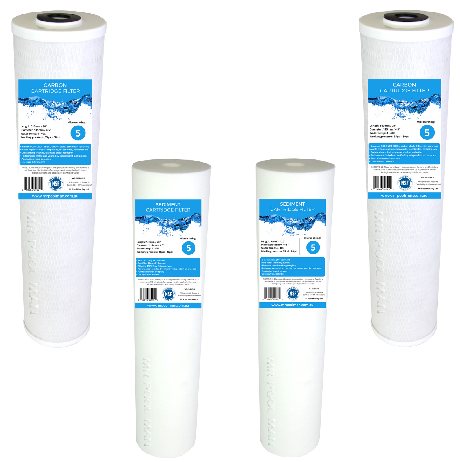 Water Filter Cartridge Pack 20 x 4.5 - 5 Micron Undersink Sediment X 2 + Carbon X 2