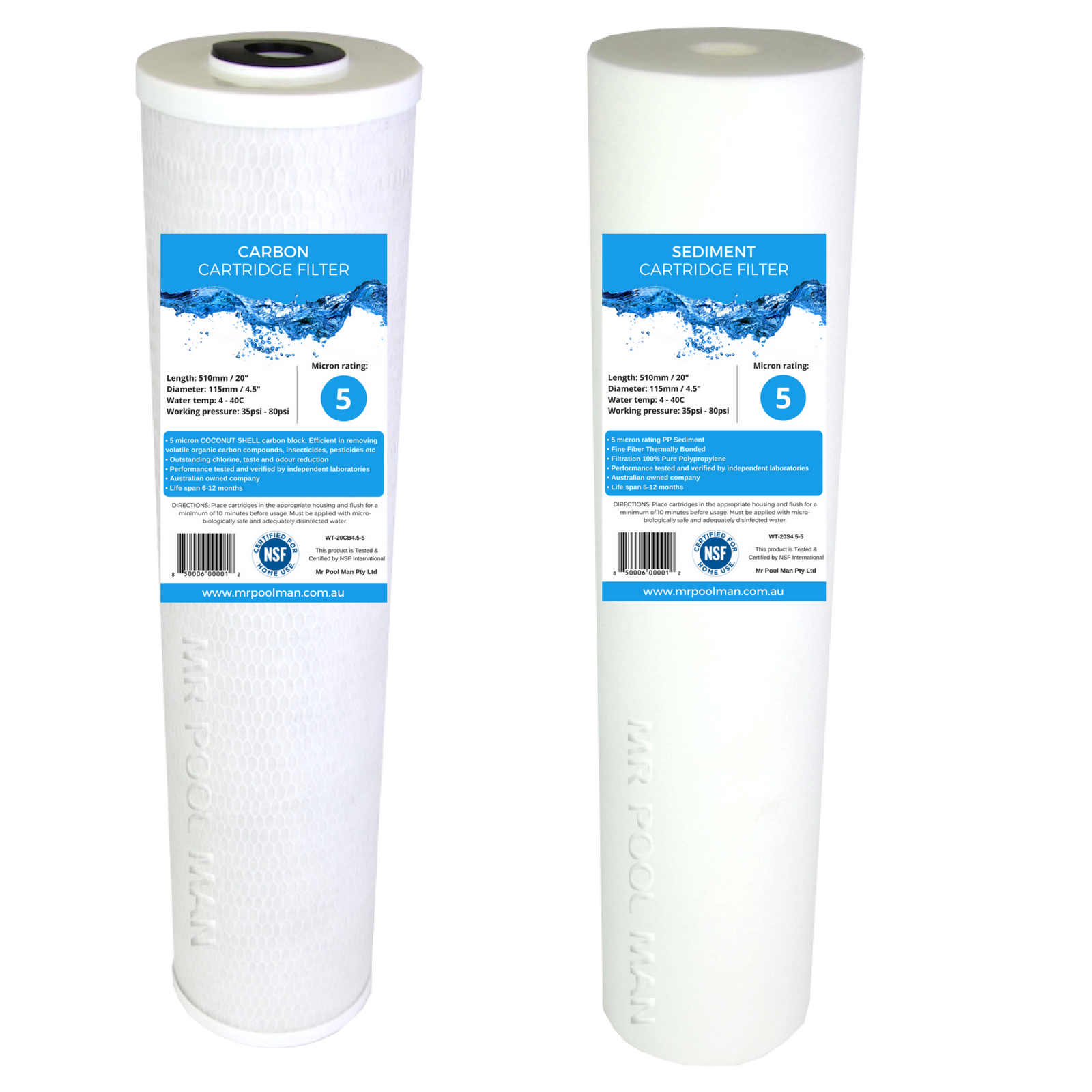 Water Filter Cartridge Pack 20 x 4.5 - 5 Micron Undersink Sediment + Carbon