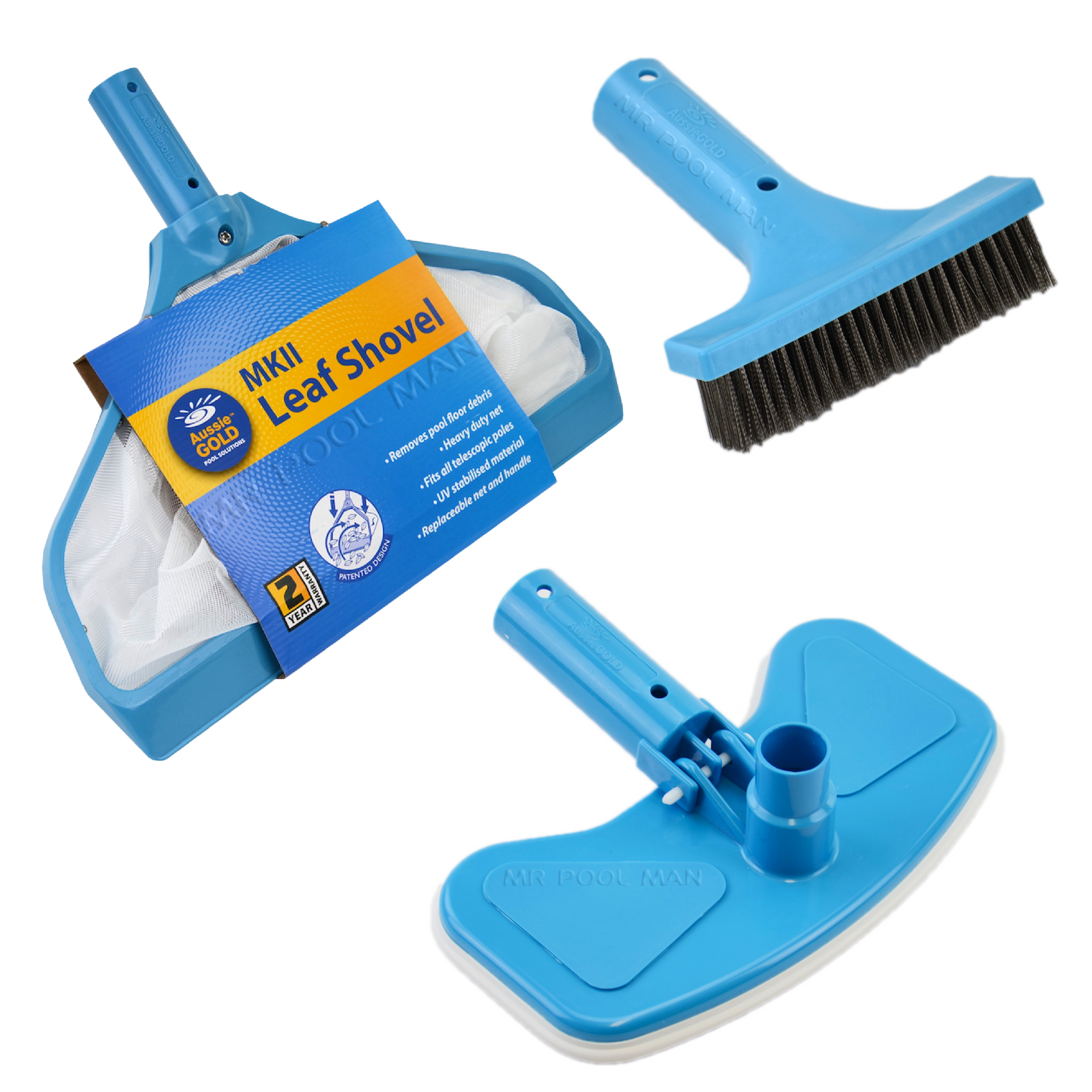 Aussie Gold Pool Equipment Pack - Leaf Shovel Brush Vacuum Head Algae Brush