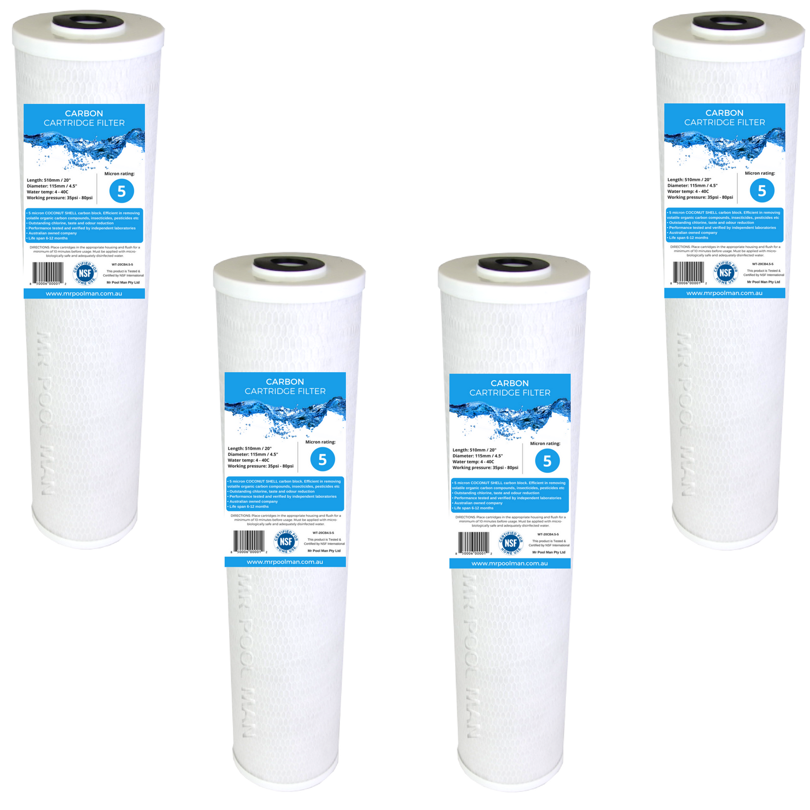 Carbon Water Filter Cartridge 20 x 4.5 4 Pack - 5 Micron 100% COCONUT